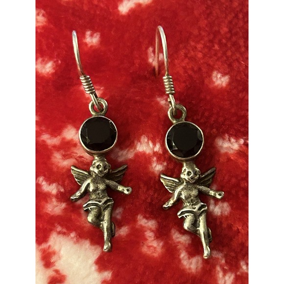 Sterling Jewelry - Vintage Sterling Silver 925 Dangle Earrings Fairy Cherub Black Onyx #444